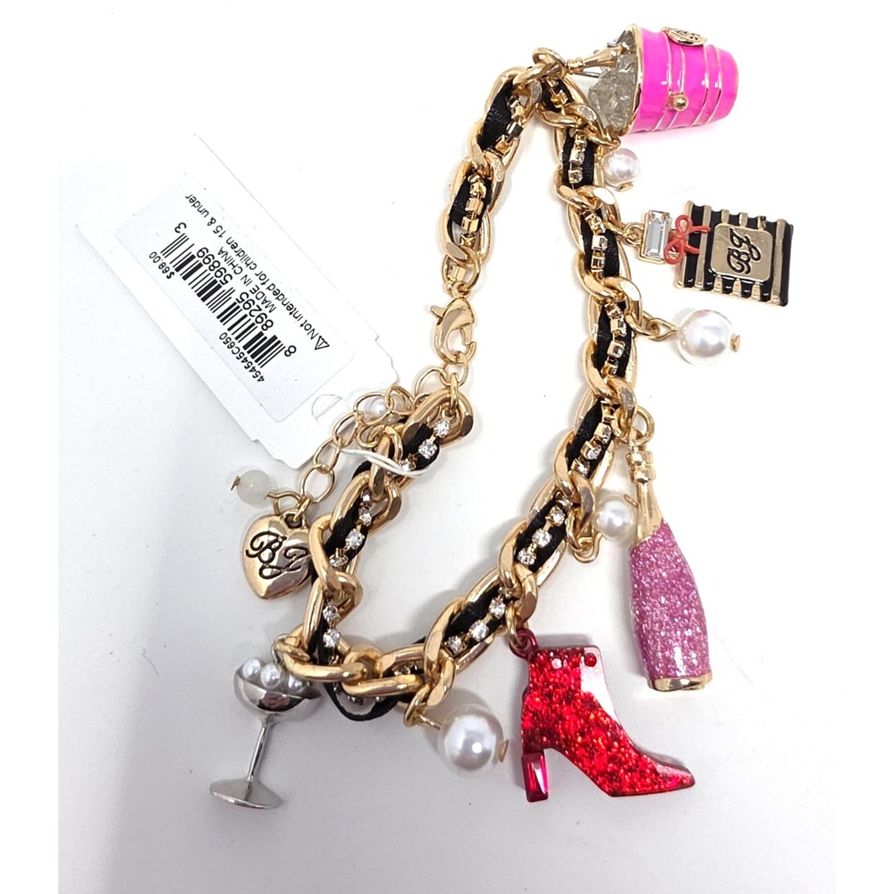 Betsey Johnson Charm Bracelet Cocktail Heels Lipstick Pearl Gold Y2K NWT‎ Fun
